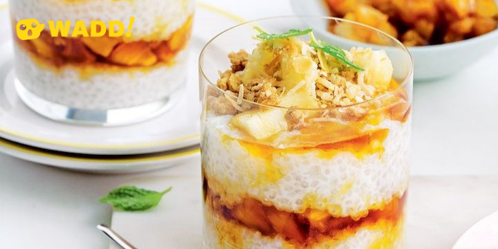 Coconut and ginger sago with caramelised pineapple